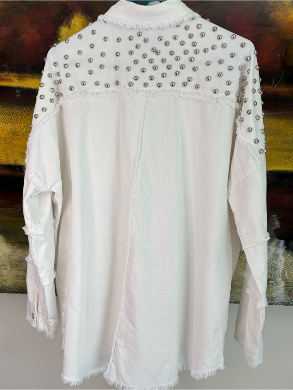 Elan White Distressed Denim Jacket with Stud Details Sz M - Picture 4 of 12